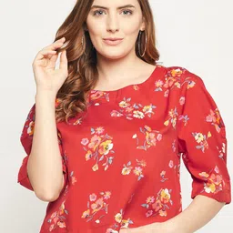 Ruhaans Women Red & Pink Floral Print Crepe Top-image-14