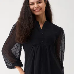 AASK Self Design Mandarin Collar Puff Sleeve Gathered A-Line Top-image-67