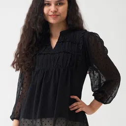 AASK Self Design Puff Sleeves Mandarin Collar Ruffled Gathered A-Line Top-picture-0