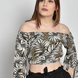 CHIMPAAANZEE Green Tropical Print Off-Shoulder Bardot Crop Top-image-7