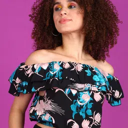 Popwings Floral Print Off-Shoulder Flutter Sleeve Bardot Crop Top image 1