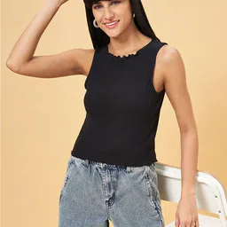 People Black Round Neck Sleeveless Casual Crop Top-image-57