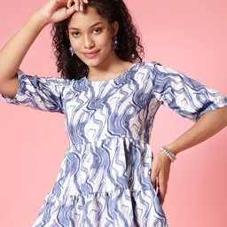 Oomph! Abstract Printed Puff Sleeves Gathered A-Line Top-picture-7