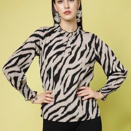 plusS Brown Abstract Printed High Neck Smocked Regular Top-image-30