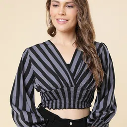 A.T.U.N. Vertical Striped Smocked Blouson Crop Top-image-40