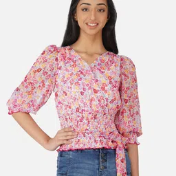 Antheaa Pink Floral Print Smocked Chiffon Blouson Top-image-32