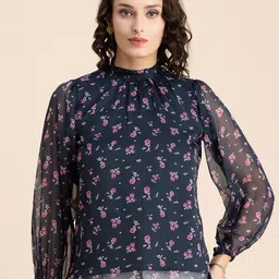 Moomaya Floral Print Chiffon Blouson Top-17