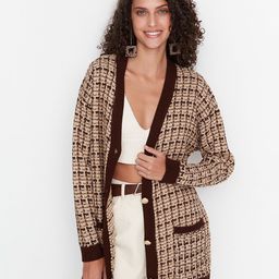 Trendyol Women Brown & Beige Printed Acrylic Longline Cardigan-picture-20
