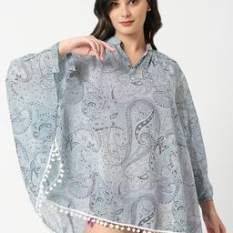 ANWAIND Blue Paisley Printed Georgette Mini Cover Up Top-image-32