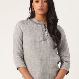 ROOTED Grey Mandarin Collar Linen Regular Top-image-7