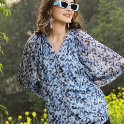plusS Blue Abstract Print Shirt Style Top-picture-7