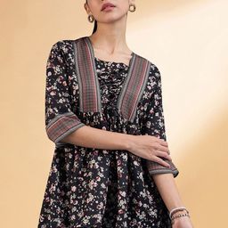 all about you Black Floral Printed Square Neck Pleated A-Line Kurti-image-33