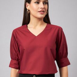 Style Quotient Maroon V-Neck Puff Sleeves Top-picture-24