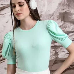 Basics By Tokyo Talkies Green Round Neck Puff Sleeves Fitted Top-image-34