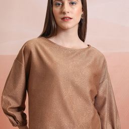 Tokyo Talkies Brown Self Design Boat Neck Loose Drop Shoulder Crochet Top-image-37
