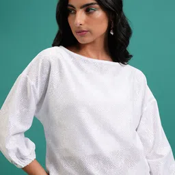 Tokyo Talkies White Self Design Boat Neck Puff Sleeves Crochet Top-image-49