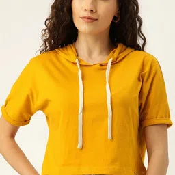 Campus Sutra Mustard Yellow Pure Cotton Hooded Crop Top-image-26