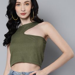 SASSAFRAS Olive Green Solid Crop Top-image-77