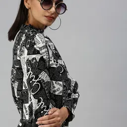 SHOWOFF Black Floral Print Mandarin Collar Monochrome Crepe Top-image-79