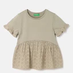 United Colors of Benetton Girls Self Design Flutter Sleeves Pure Cotton A-Line Top-image-13