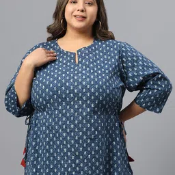Indietoga Women Plus Size Ethnic Motifs Block Print Pure Cotton Longline Top-2