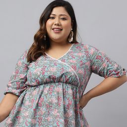 Janasya Plus Size Floral Printed V-Neck Cotton Peplum Top-picture-5