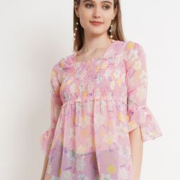 Popwings Pink Floral Print Smocked Chiffon Empire Top-image-63