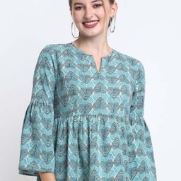 FAABRIQ Conversational Printed Mandarin Collar Bell Sleeve Pure Cotton Peplum Top-image-13