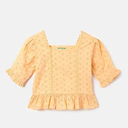 United Colors of Benetton Girls Self Design Square Neck Embroidered Pure Cotton Top-18