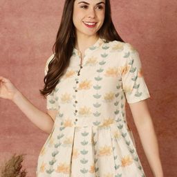antaran Floral Printed Mandarin Collar Pure Cotton Peplum Top-image-45