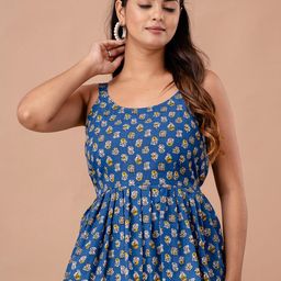 FERANOID Floral Printed Shoulder Straps Gathered or Pleated Pure Cotton Peplum Top-4