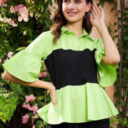 Athena Green & Black Colourblocked Pure Cotton Peplum Top-31