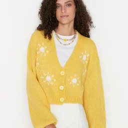 Trendyol Women Yellow Self Design Acrylic Cardigan Sweater-image-13