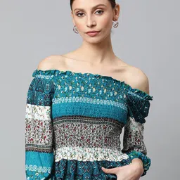 Global Republic Floral Printed Off-Shoulder Puff Sleeve Smocked Bardot Top-image-46