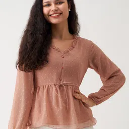 AASK Self Design Puff Sleeves V-Neck Cinched Waist Top-image-44
