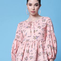 Oomph! Orange Floral Printed Tie-Up Neck Puff Sleeves Peplum Top-image-76