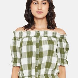 People Green & White Checked Off-Shoulder Ruffles Pure Cotton Bardot Top-image-29