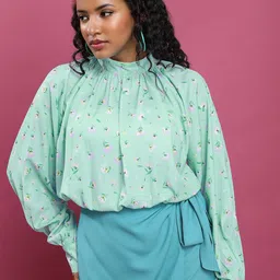 Tokyo Talkies Green Floral Printed High Neck Cuffed Sleeves Regular Top-image-57