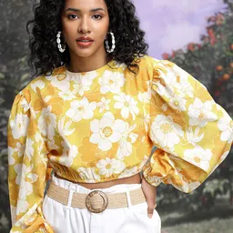Tokyo Talkies Yellow Floral Printed Puff Sleeves Blouson Crop Top-image-9