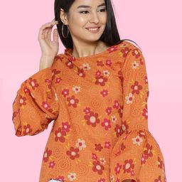 Sera Women Orange & Pink Floral Printed Pure Cotton Regular Top-picture-48