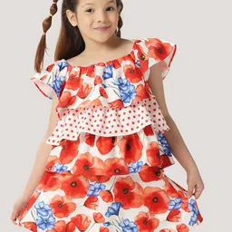 One Friday Kids Girls Floral Printed Off Shoulder Top With Frills-image-87
