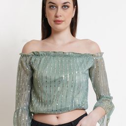 DODO & MOA Green & Silver-Toned Embellished Off-Shoulder Bardot Crop Top-image-77