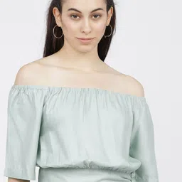 Basics By Tokyo Talkies Women Green Off-Shoulder Bardot Crop Top-image-35