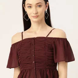 Slenor Flared Sleeve Georgette Bardot Crop Top-image-42