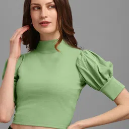 PURVAJA Green Solid High Neck Puff Sleeves Fitted Crop Top-picture-19