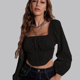 ELYRAA Square Neck Gathered Puff Sleeve Crepe Crop Top-image-44
