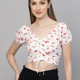 aayu Floral Printed Puff Sleeves V-Neck Ruched Fitted Crop Top-image-6