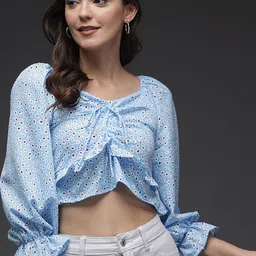 TANDUL Floral Printed Tie-Up Neck Bell Sleeve Cotton Crepe Crop Top-image-34