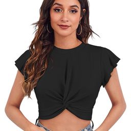 ODETTE Round Neck Short Flutter Sleeve Crepe Crop Top-picture-23