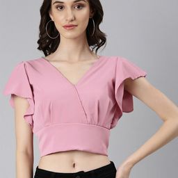 SHOWOFF Flutter Sleeve Crepe Styled Back Crop Top image 3